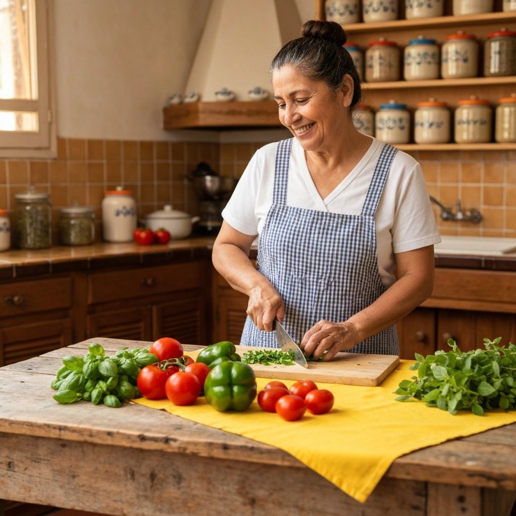 Tradycyjna scena kuchenna z przygotowaniem świeżych warzyw
