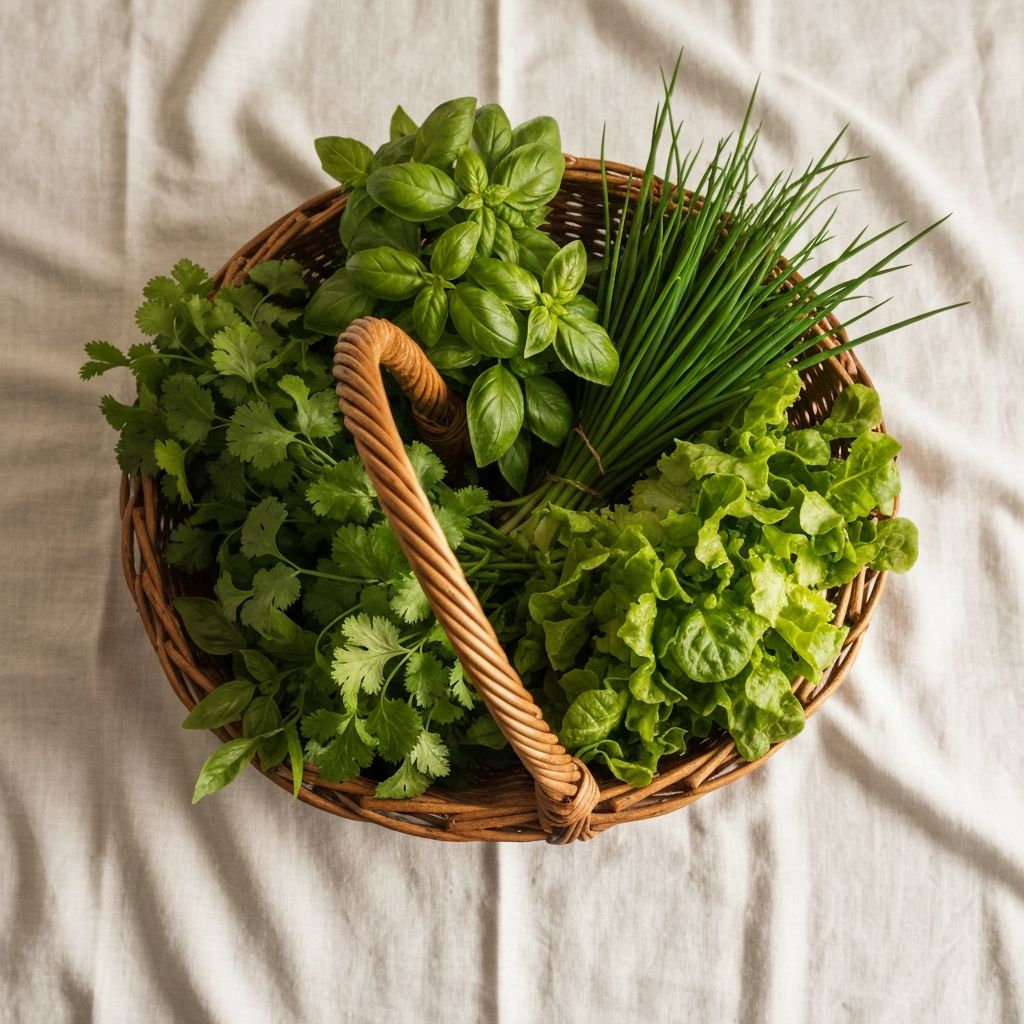 Świeże zioła i warzywa liściaste w koszyku